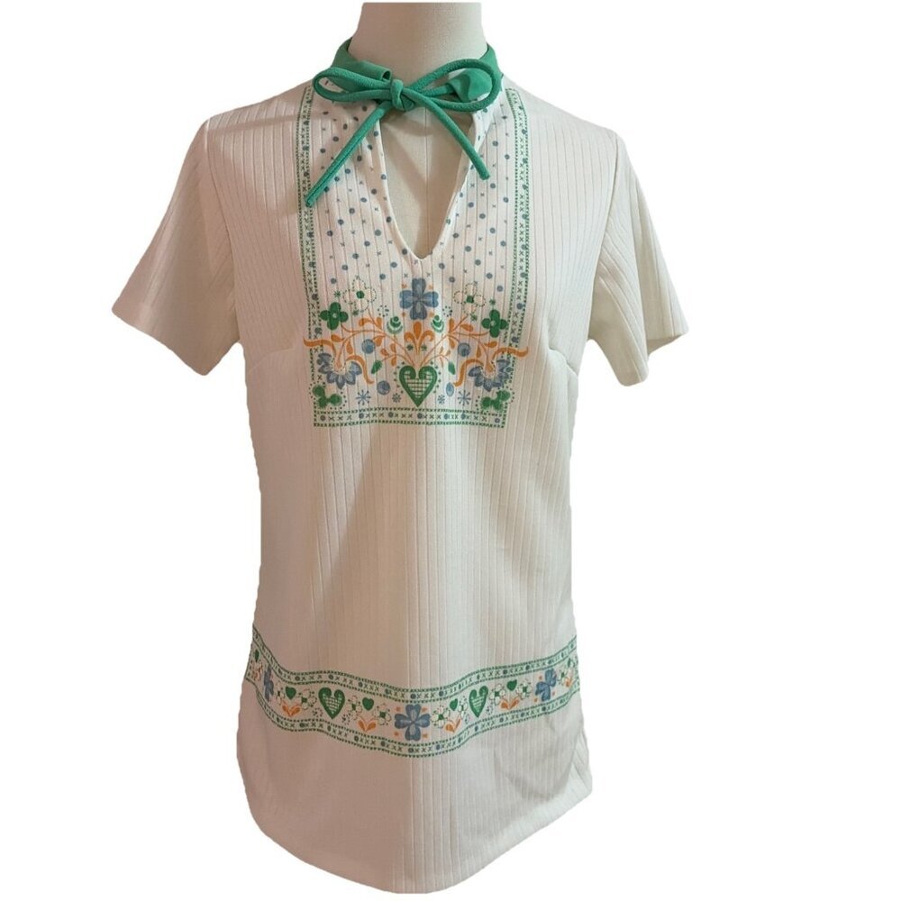 Vintage 1970s Ribbed Floral Top Women's Size S Green Tie Neck Carol Brady Retro